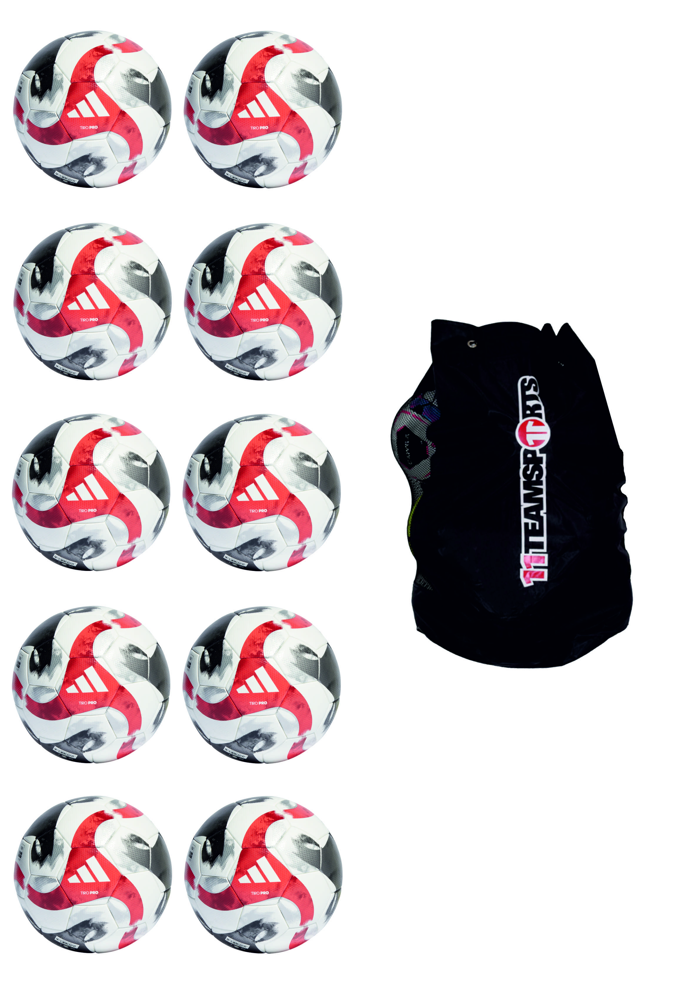 Adidas Fußballpaket Tiro Pro - 10 Spielbälle, 1 Ballsack - BLACK/RUNWHT/RED,||