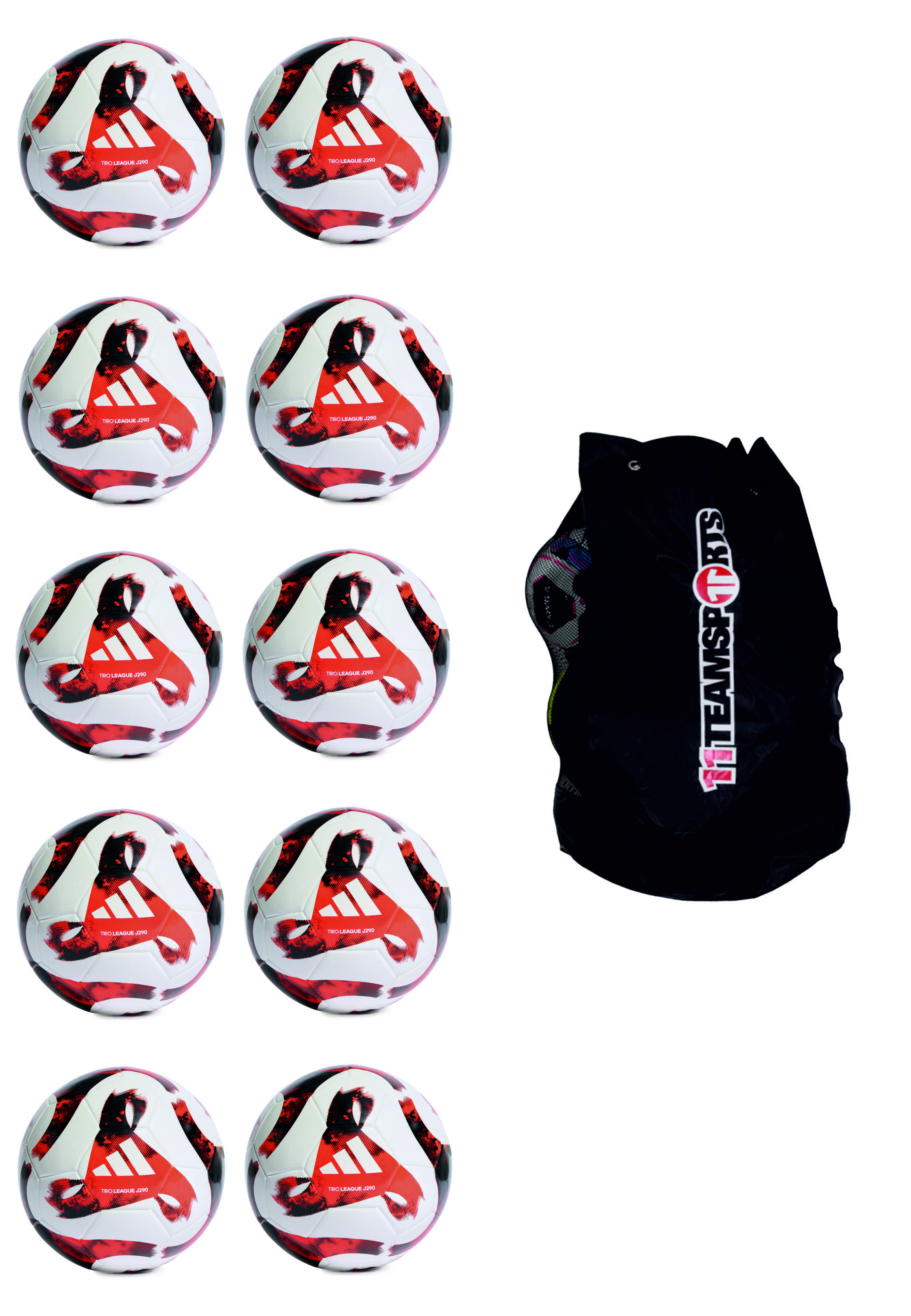 Adidas Fußballpaket Tiro League 290 - 10 Trainingsbälle, 1 Ballnetz - BLACK/RUNWHT/RED,||